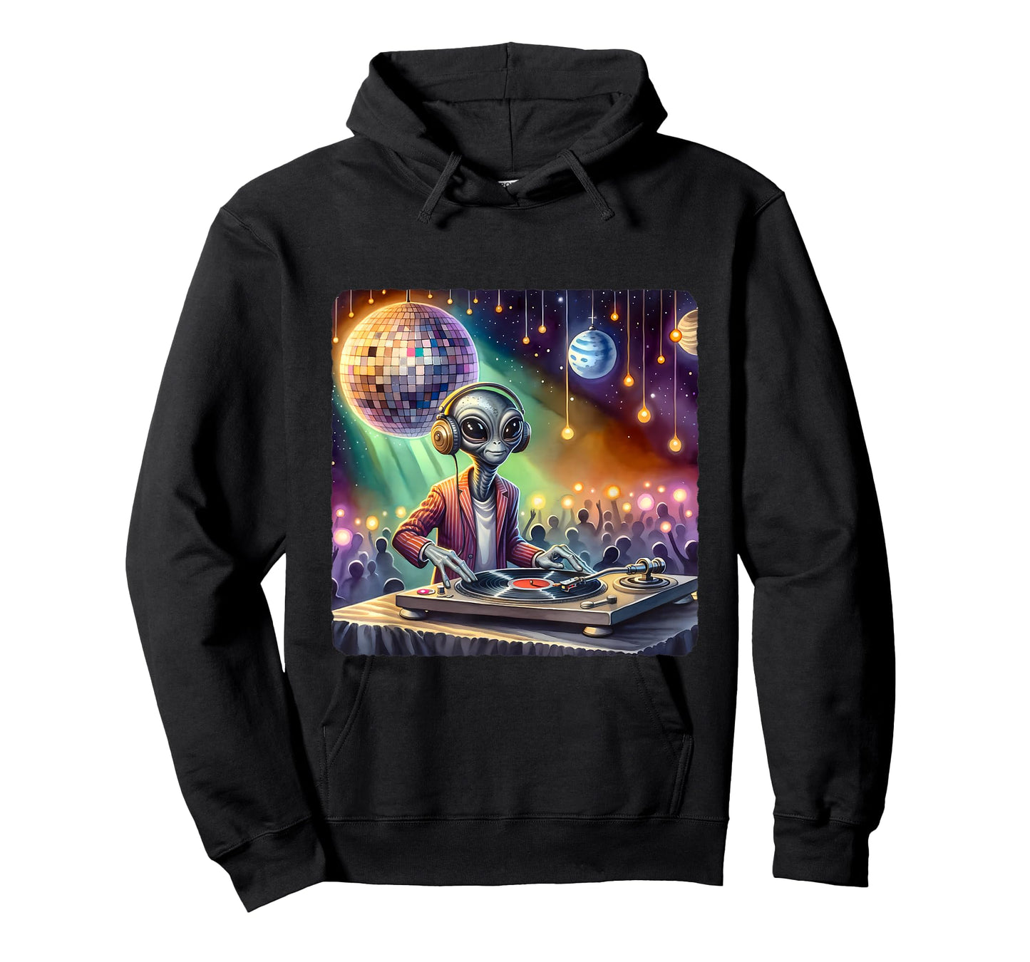 Alien Dj Under Mirror Ball Moon. Turntable Planets Lights T-Shirt