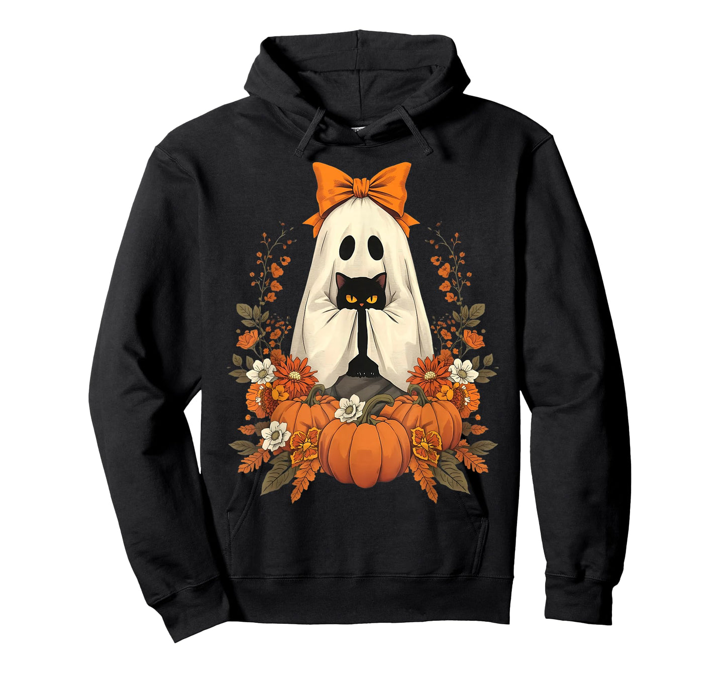 Vintage Halloween Ghost Holding Cat Groovy Floral Cat Meme T-Shirt