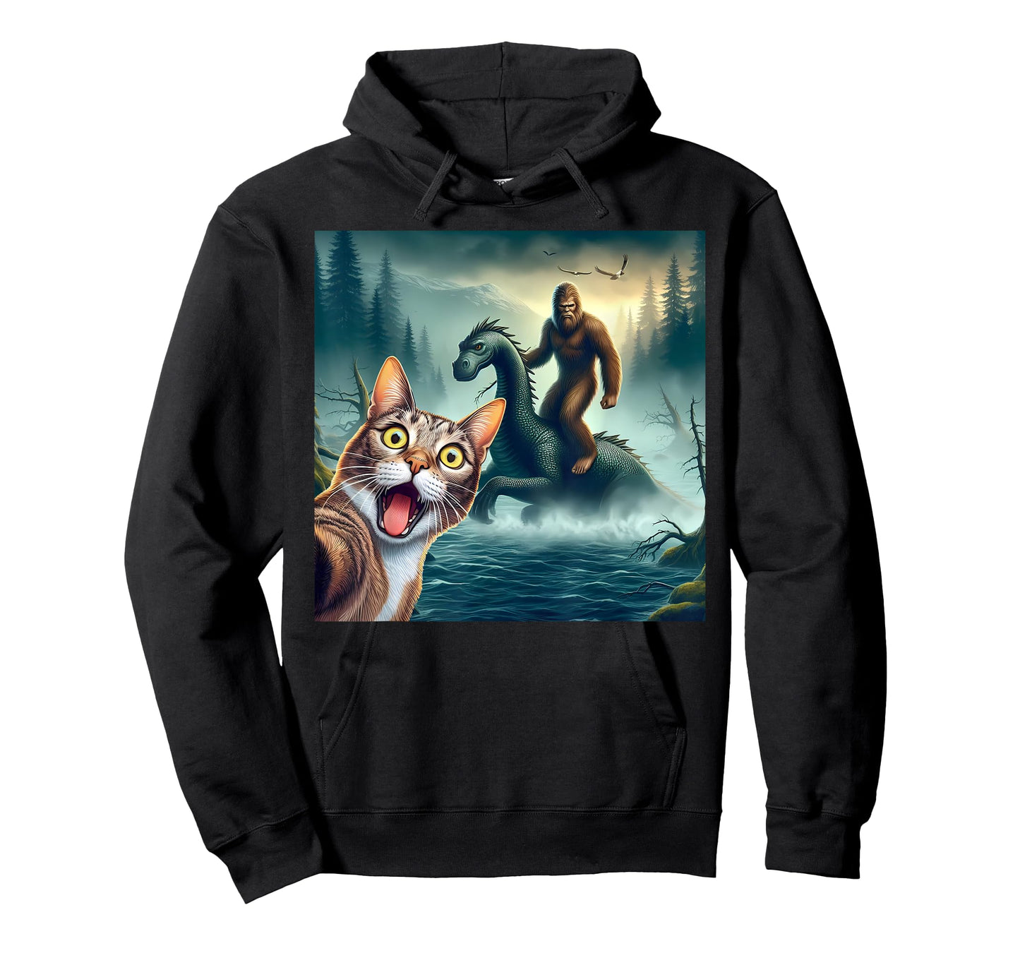 Cat Selfie bigfoot riding loch Ness monster surprised cat T-Shirt for Men Women Kids