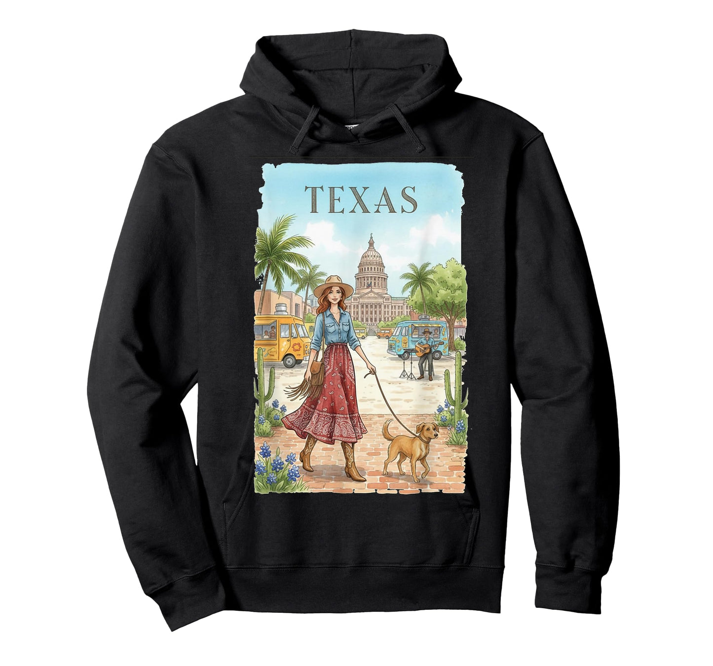 Texas Travel Art – Cowgirl with Dog in Austin City Scene T-Shirt