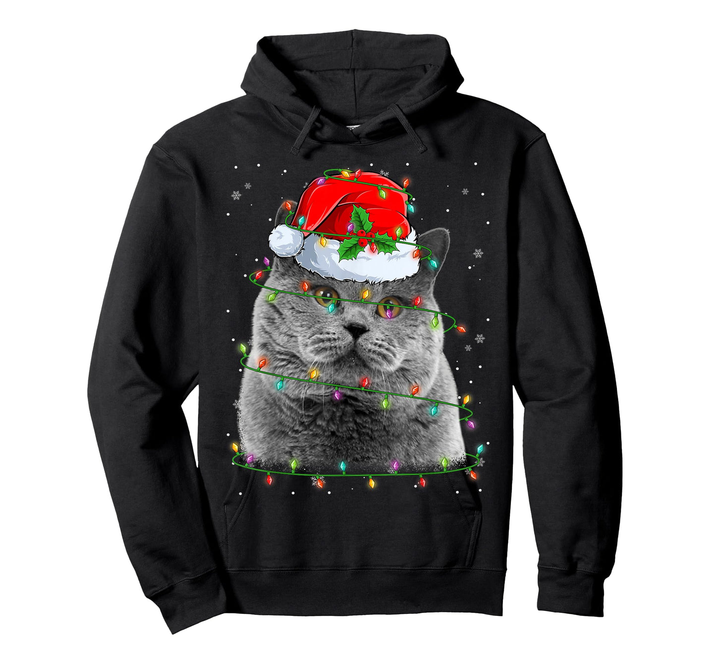 Funny British Shorthair Cat Santa Hat Christmas Tree Lights T-Shirt