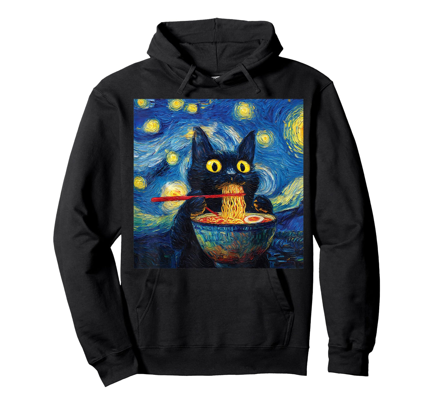 Cat Eating Ramen Under Starry Nighit Funny Noodle Cat Art T-Shirt