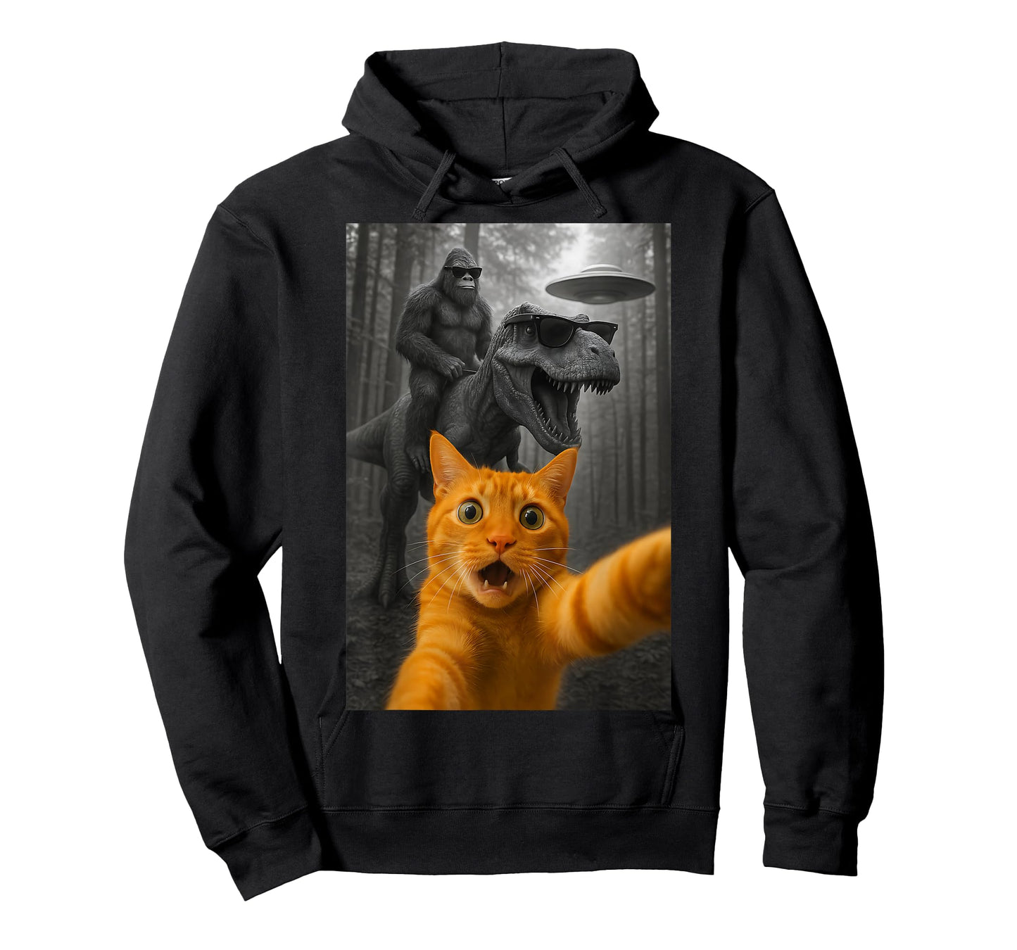 Cat Selfie with Dinosaur Bigfoot UFO Funny Graphic T-Shirt