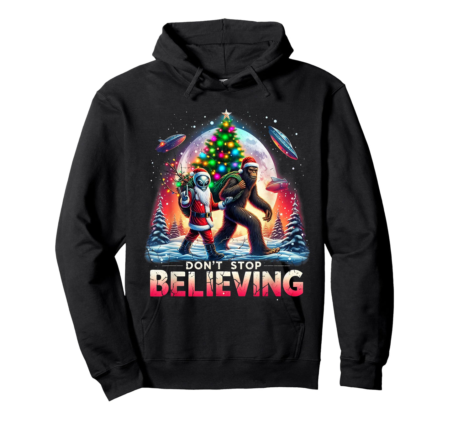 Believe Funny Alien and Santa Christmas Design T-Shirt