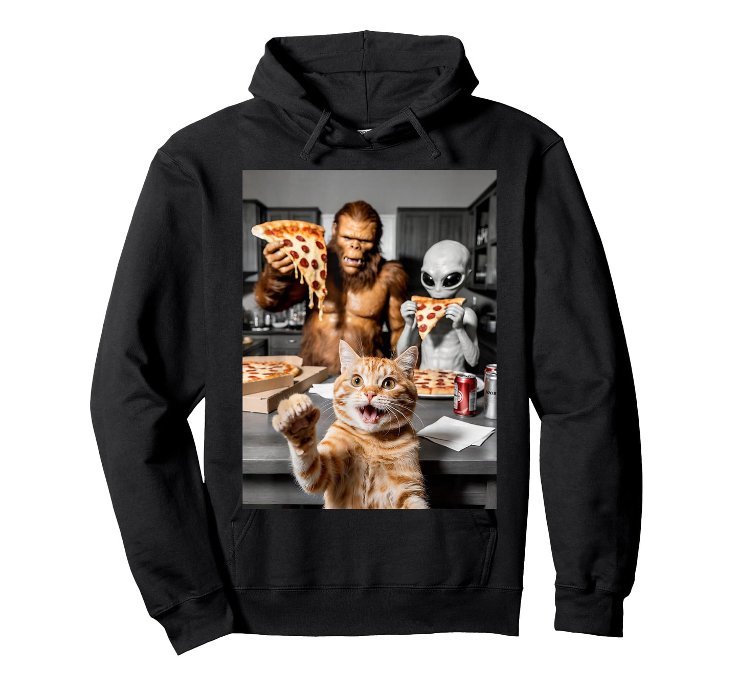 Cat Selfie Eating Pizza with Bigfoot Alien Funny Cat Graphic T-Shirt