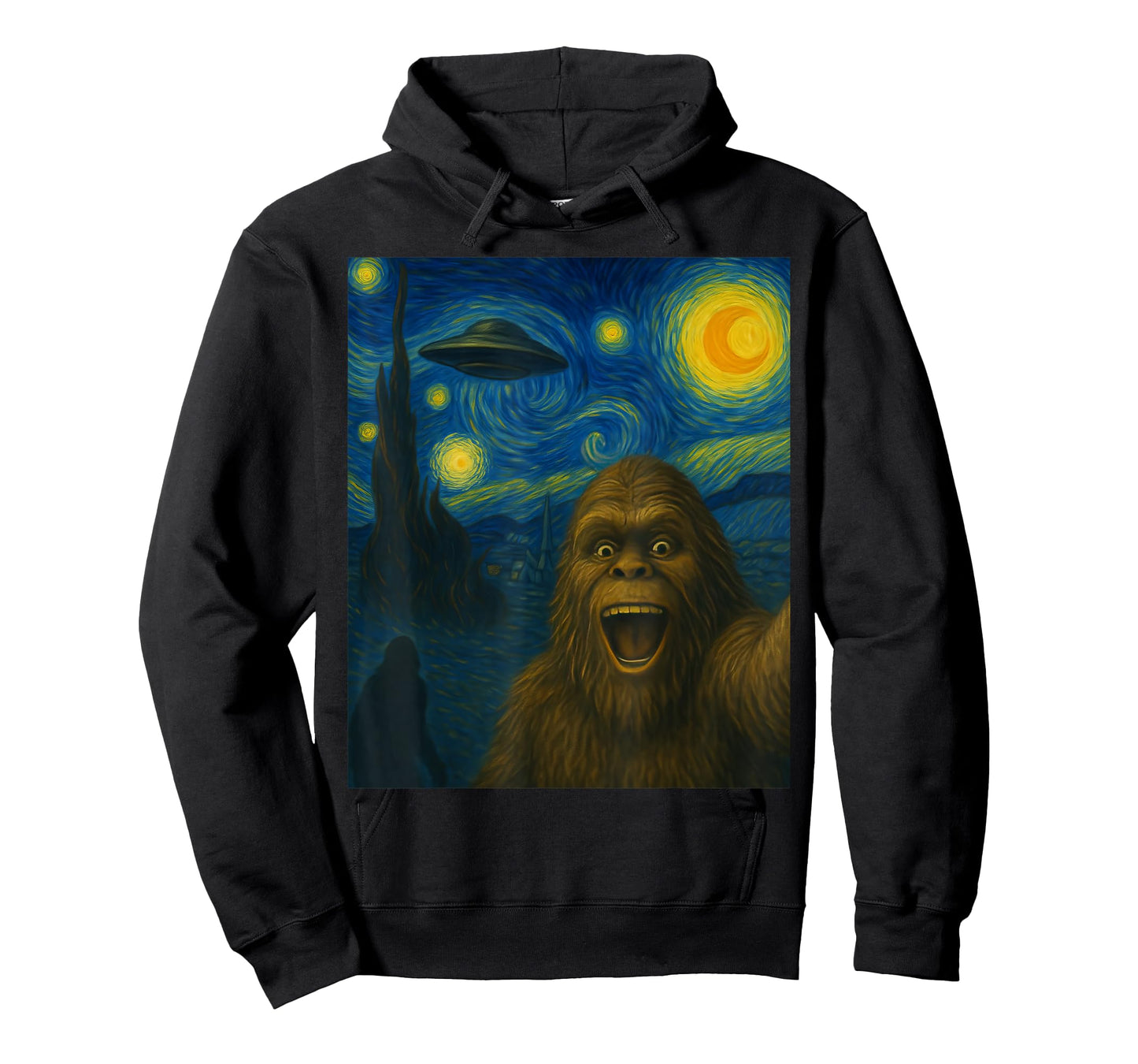 Sasquatch Selfie Big Foot On UFO Alien Starry Night Funny T-Shirt