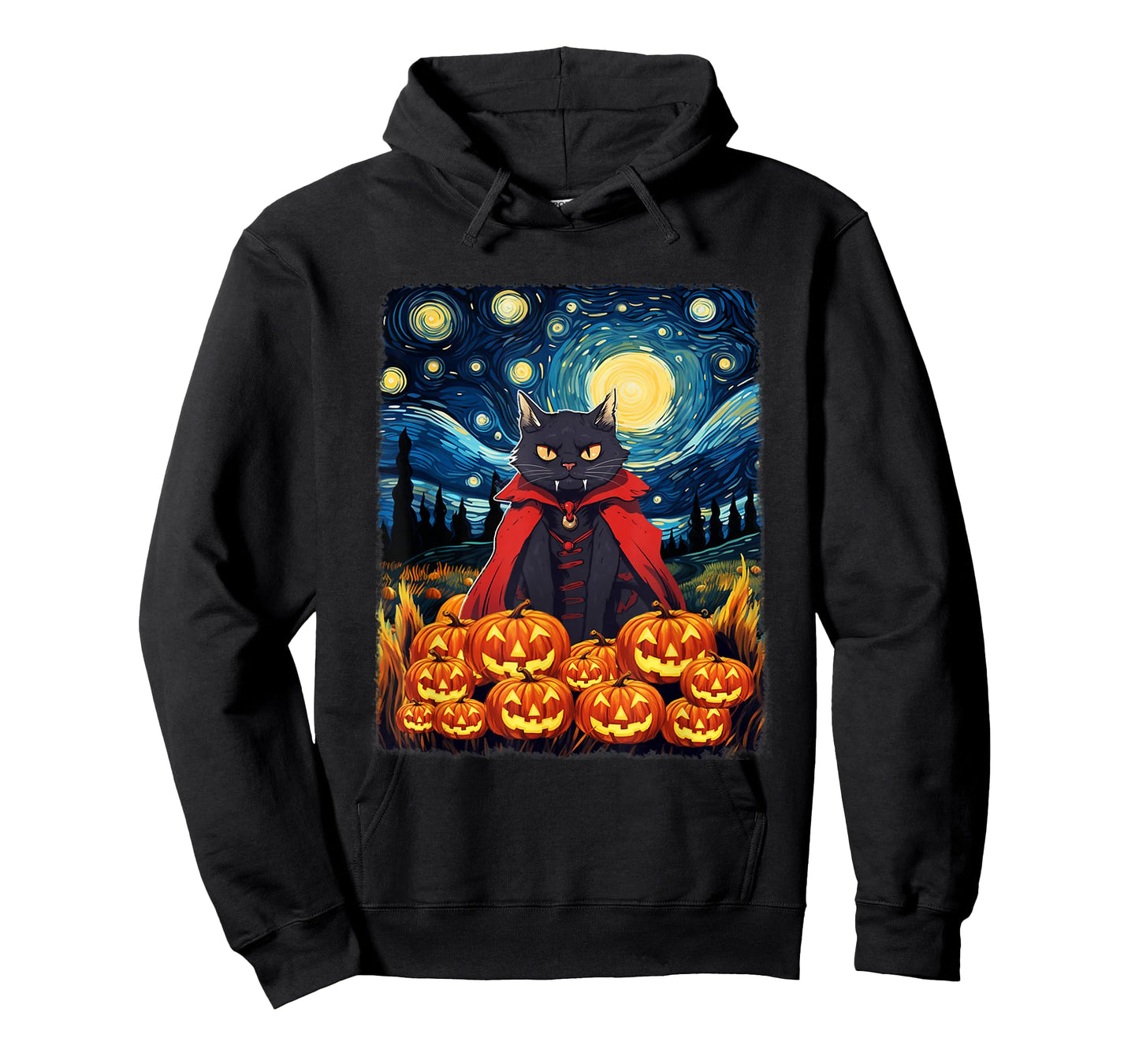 Dracula Cat Starry Night Van Gogh Retro Halloween Cat T-Shirt