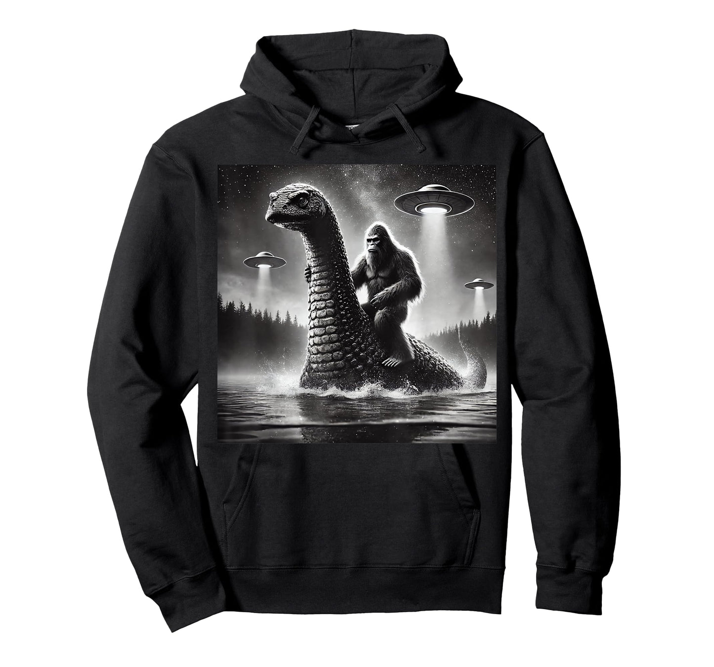 Bigfoot Riding Loch Ness Monster Alien UFO Funny Men Graphic T-Shirt