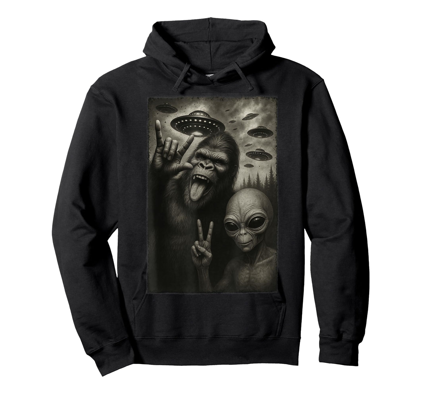 Funny Selfie Bigfoot Alien Sasquatch Rock On Hand Sign UFO T-Shirt