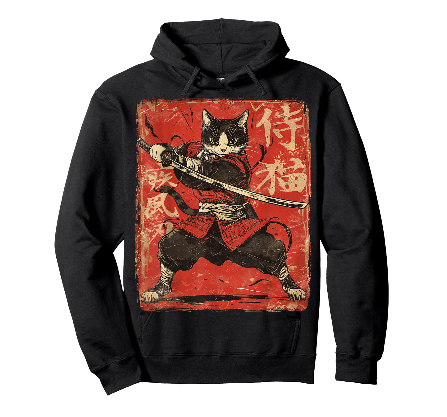 Samurai Cat Japanese Vintage Red Graphic Ukiyo-e Art Funny T-Shirt