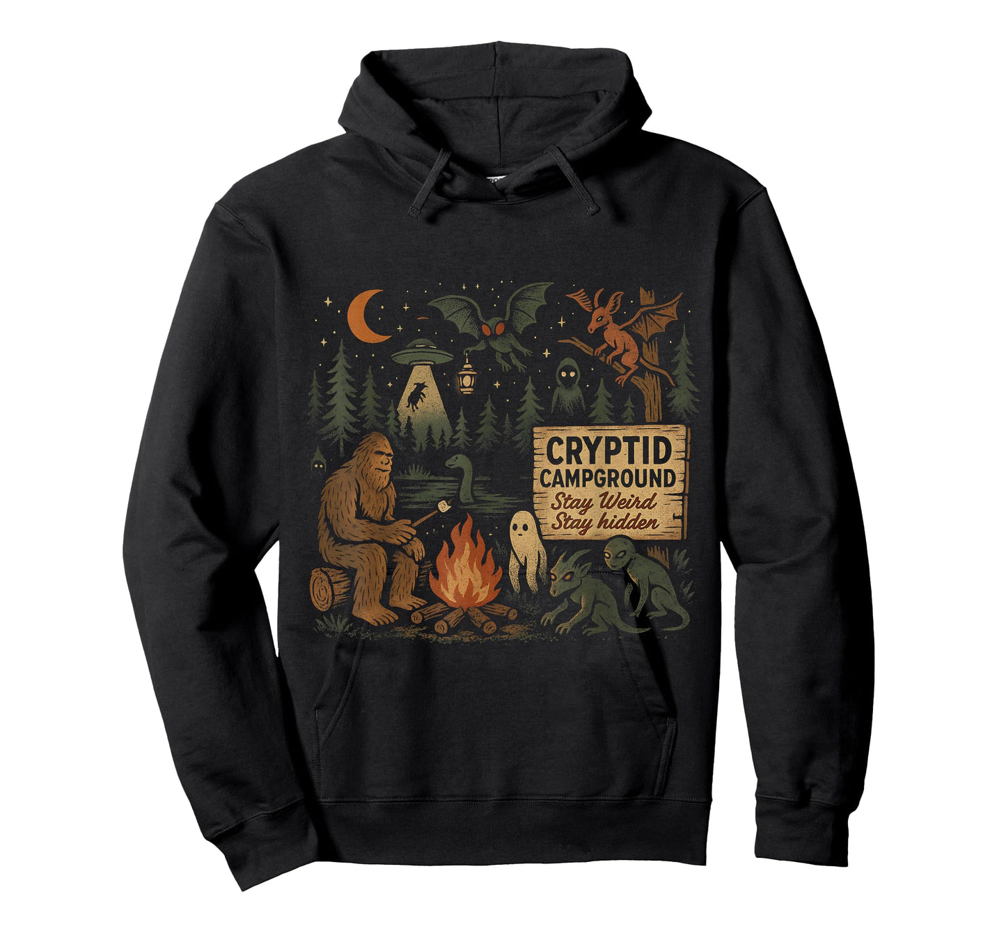 Cryptid Campground Bigfoot Mothman Aliens Loch Ness Monster T-Shirt