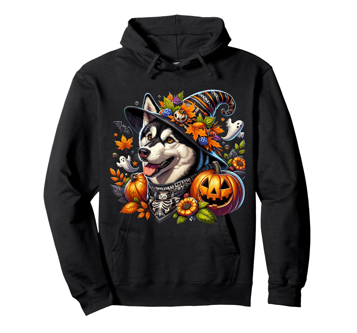 Halloween Siberian Husky Fall Leaves Autumn Pumpkin Ghost T-Shirt