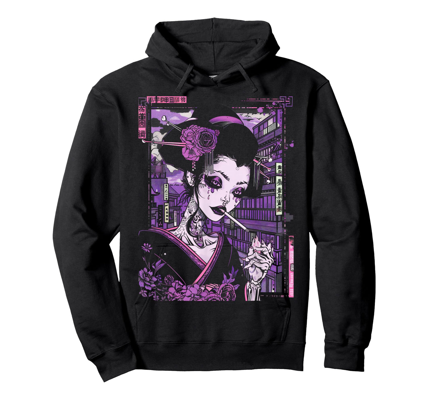 Anime Japanese Goth Cyberpunk City Geisha Purple Art Vintage T-Shirt