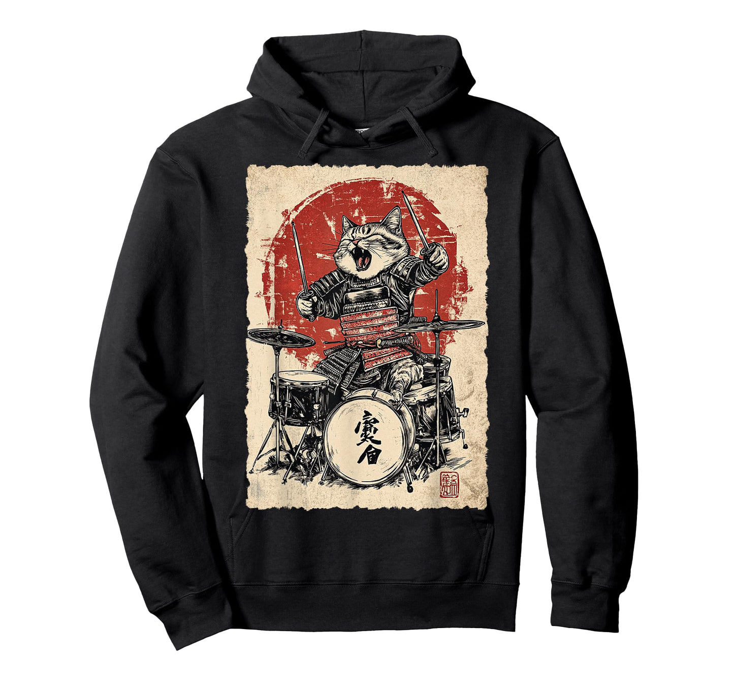 Vintage Japanese Music Samurai Cat Playing on Drum for Kids T-Shirt
