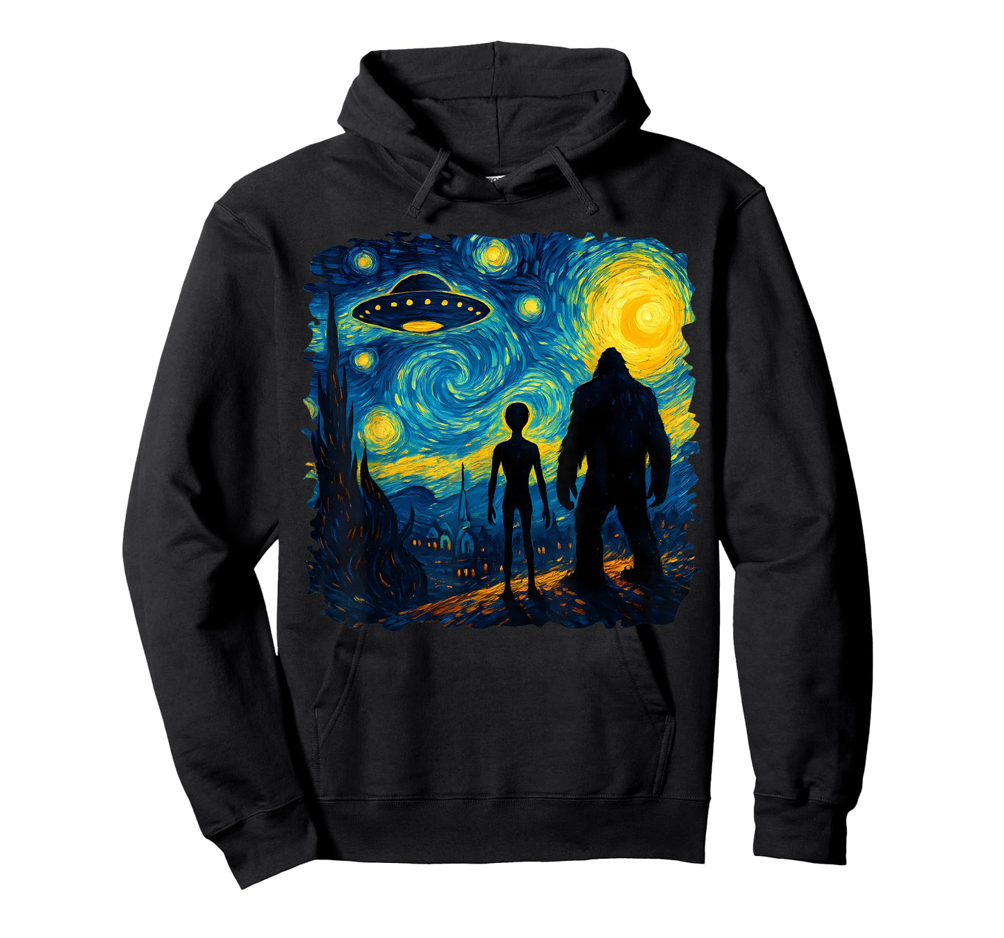 Bigfoot Alien UFO Van Gogh Starry Night Sasquatch Graphic T-Shirt