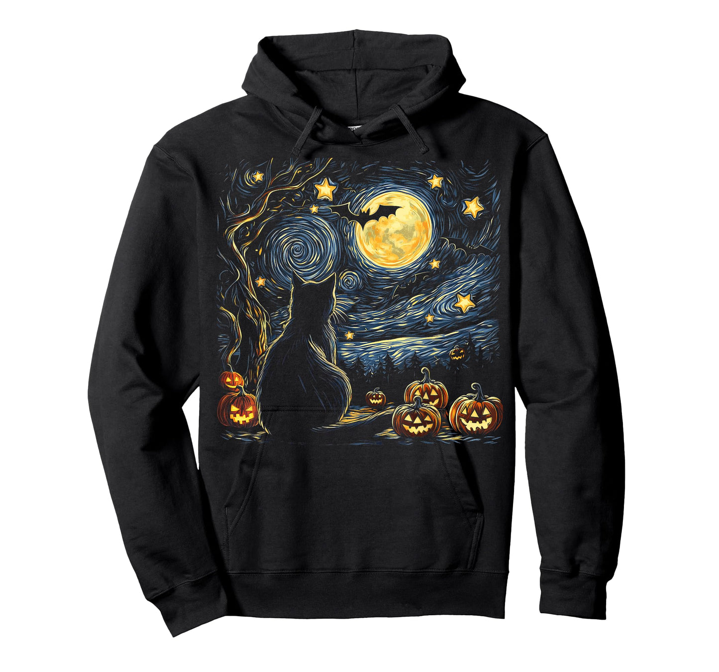 Halloween Van Gogh Starry Night Painting Black Cat Kitten T-Shirt