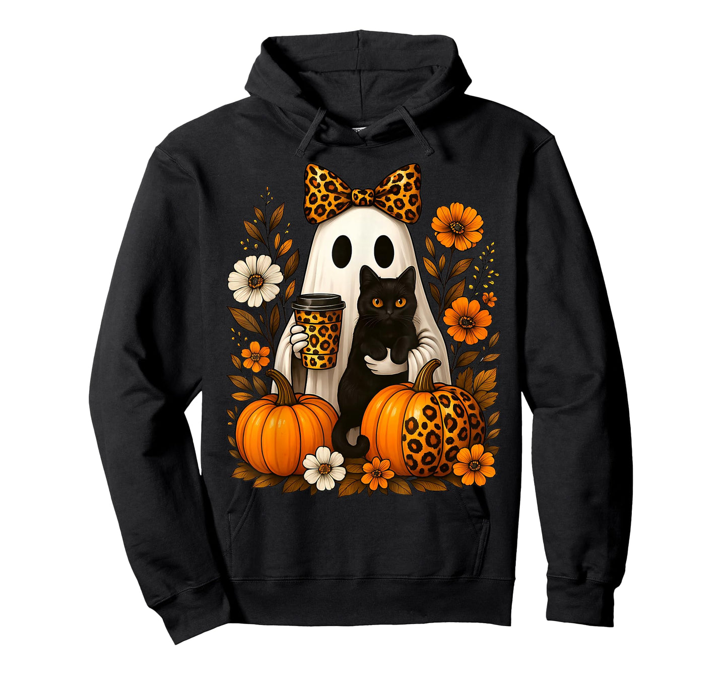 Ghost Holding a Cat & Coffee Leopard Print Autumn Halloween T-Shirt