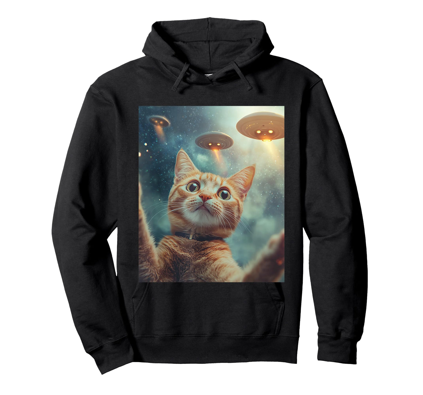 Cat Selfie with UFOs Aliens Kitten Funny Graphic T-Shirt for Men Women Kids