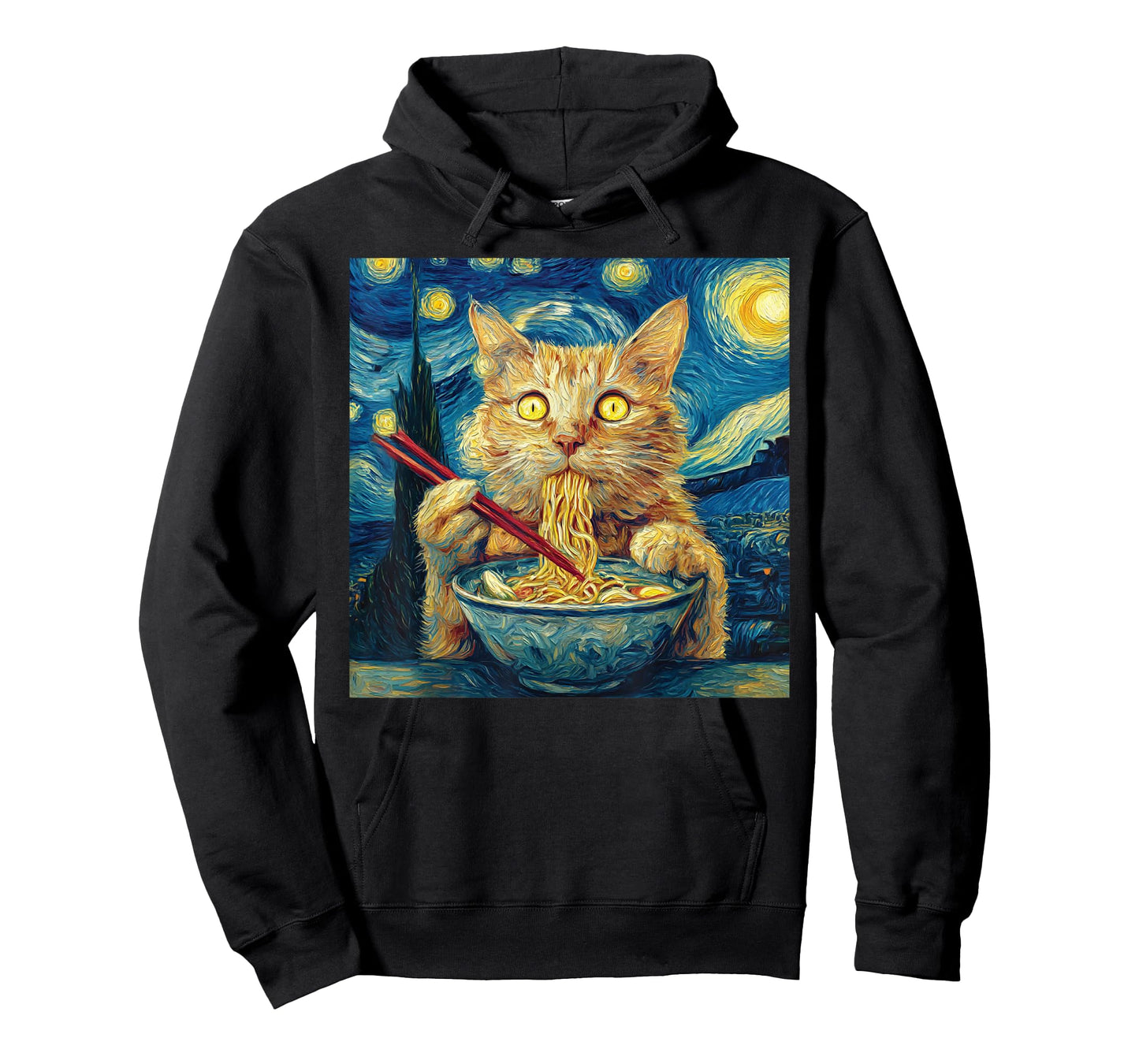 Cat Eating Ramen - Under Starry Sky Funny Noodle Cat Art T-Shirt