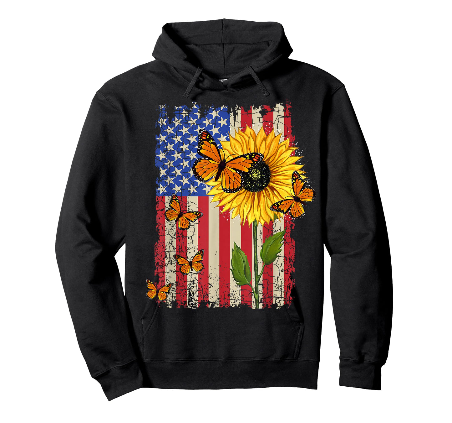 Sunflower Monarch Butterflies Patriotic American Flag Womens T-Shirt