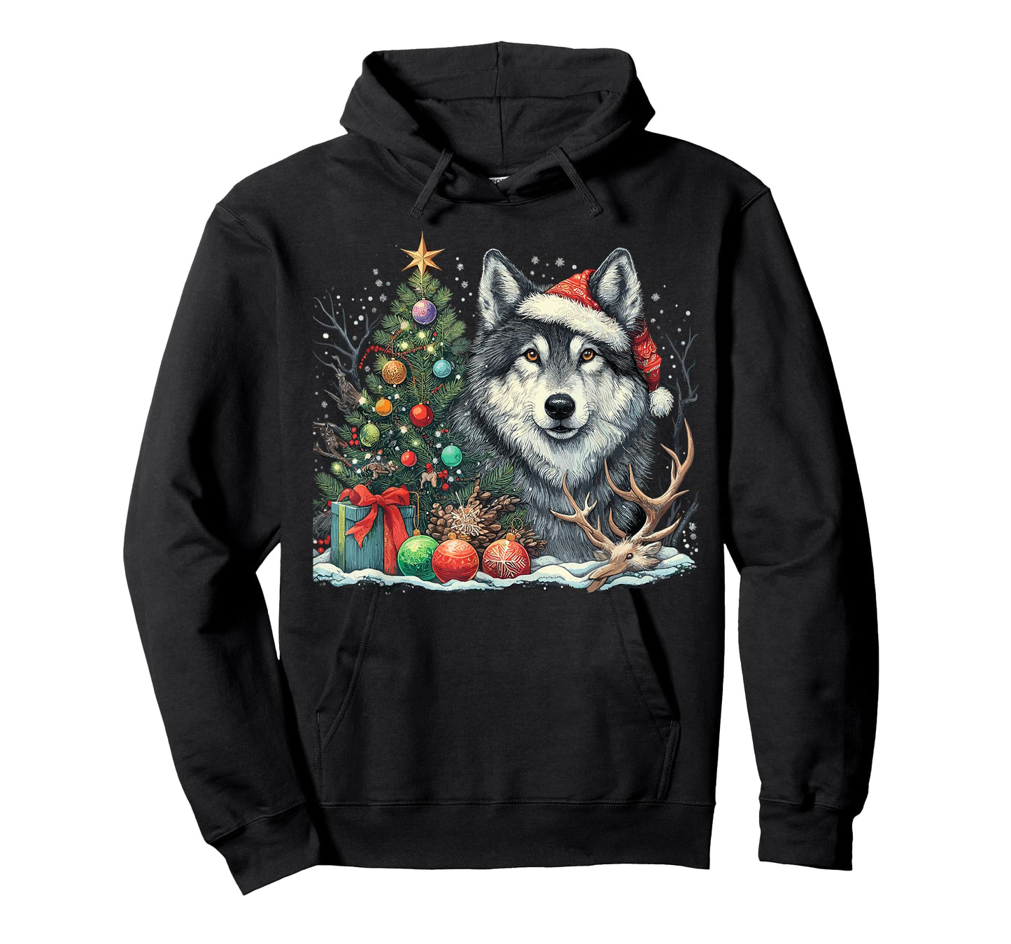 Cute Wolf With Christmas tree Wearing Santa Hat T-Shirt