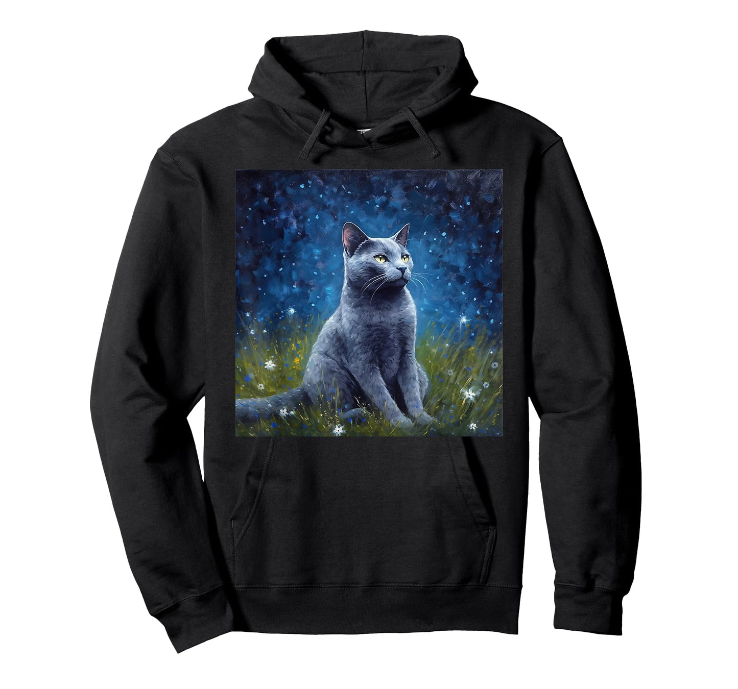 Cute Russian Blue Cat In A Starry Sky Night Painting T-Shirt