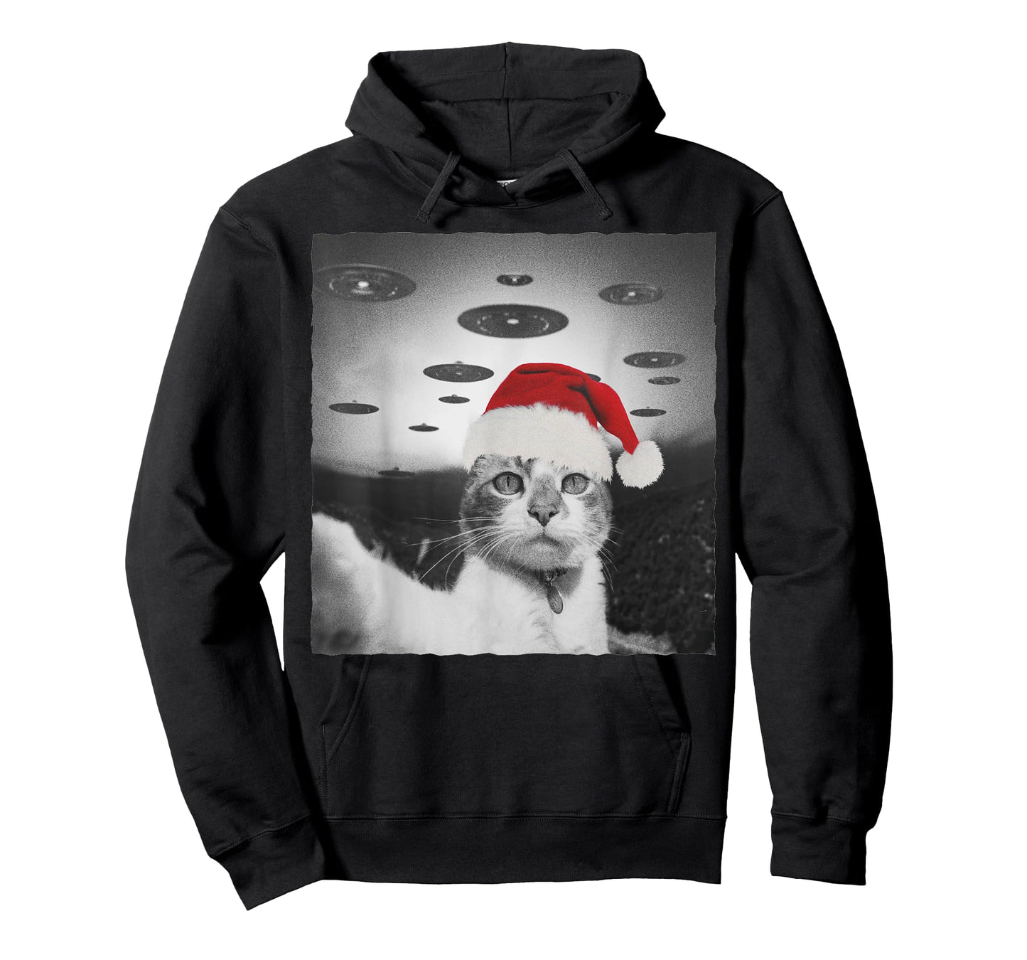 Funny Christmas Cat wear Santa Hat selfie with Alien UFO Men Women Kids T-Shirt