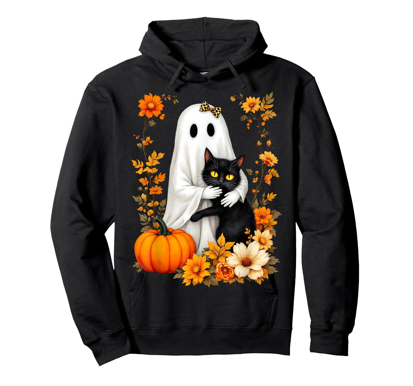 Ghost Hugging Black Cat Halloween Cats Lover Women Floral T-Shirt