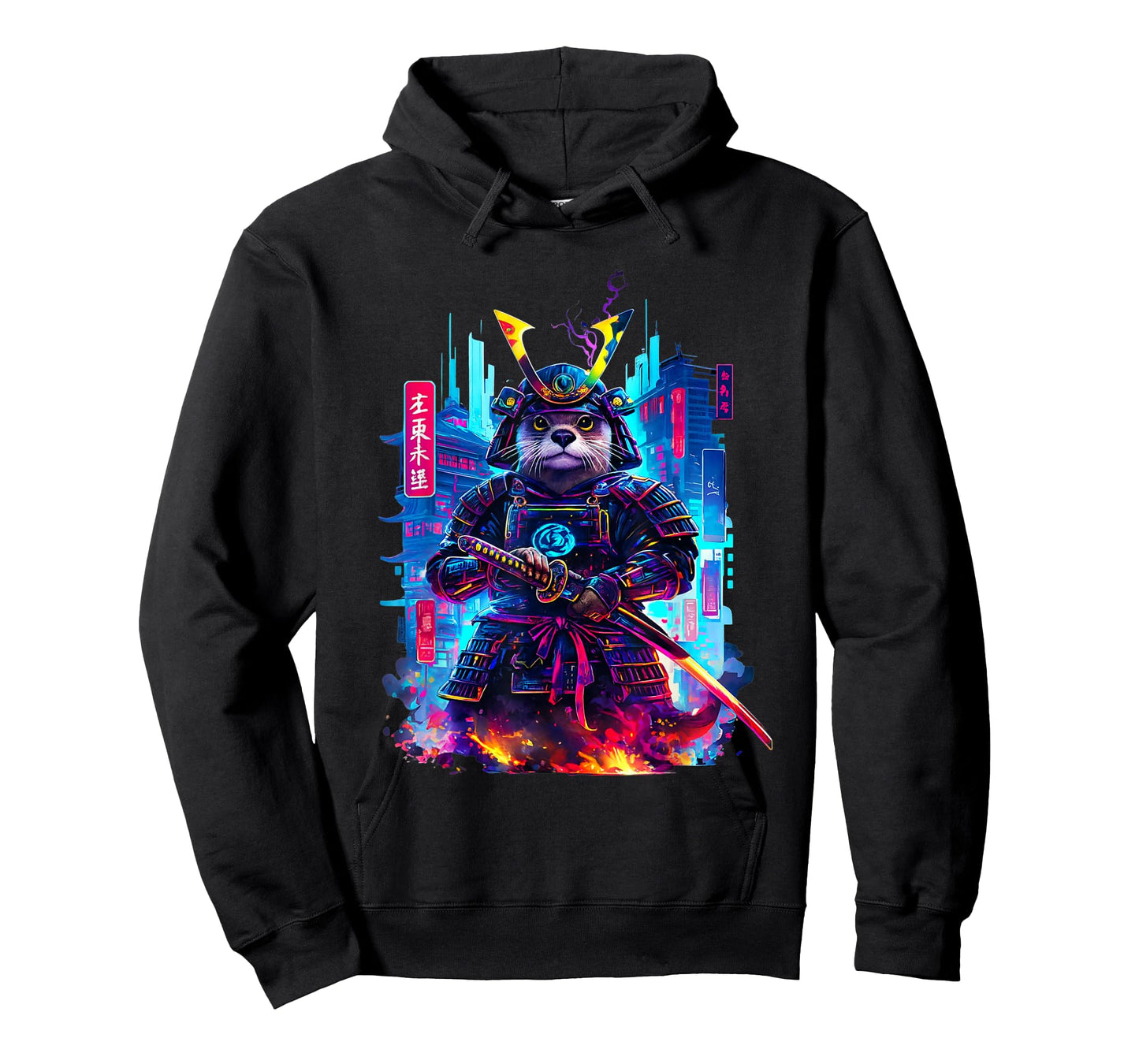 Otter Katana Cyberpunk Neon Samurai Japanese Art T-Shirt