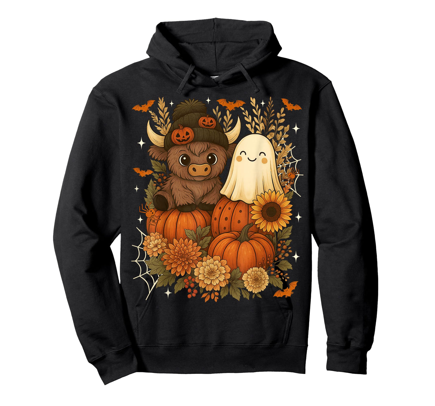 Retro Cute Fall Highland Cow Ghost Pumpkin Spooky Halloween T-Shirt