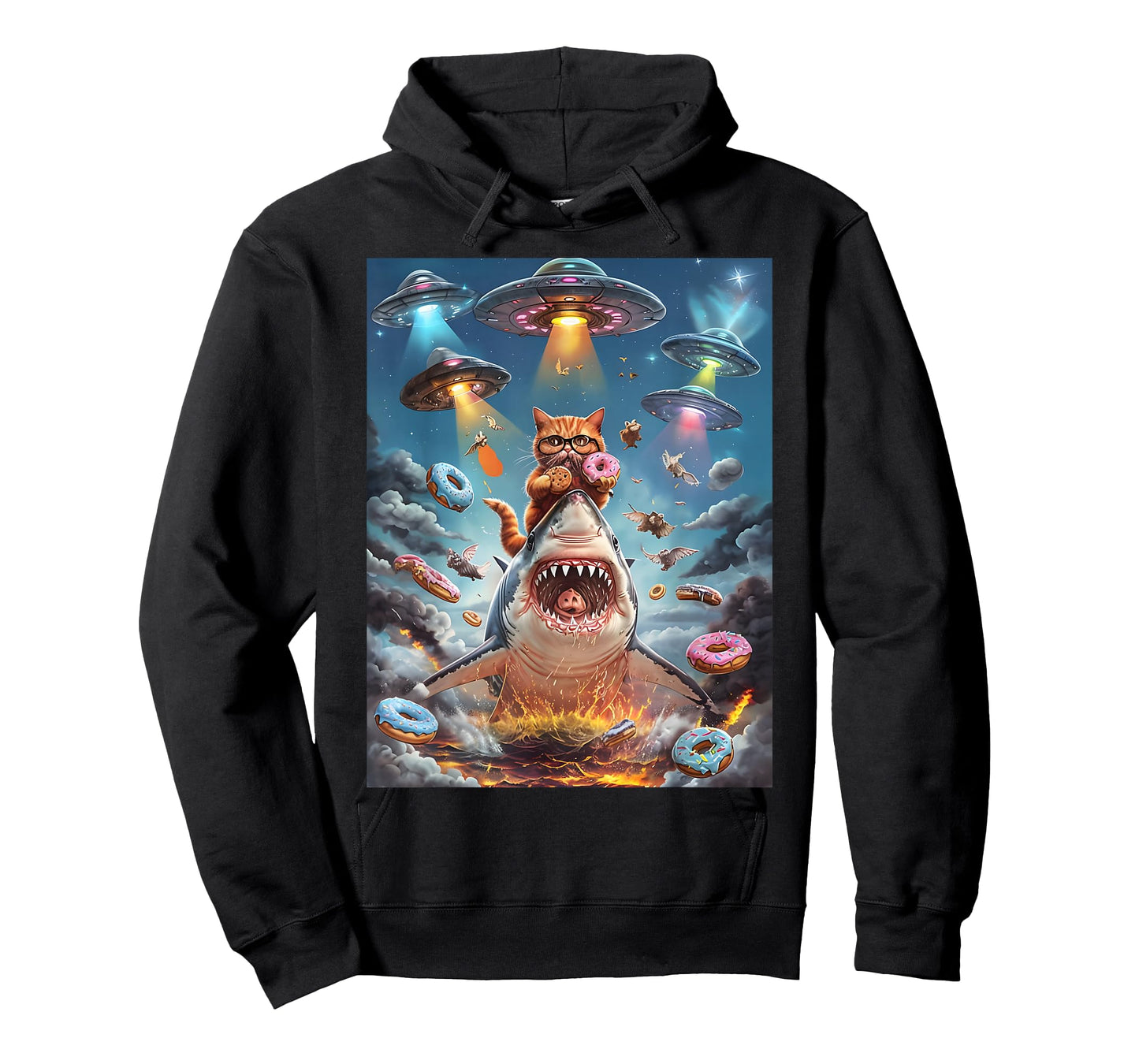 Funny Cat Riding Fire Breathing Shark Rainbow Birthday Kids T-Shirt