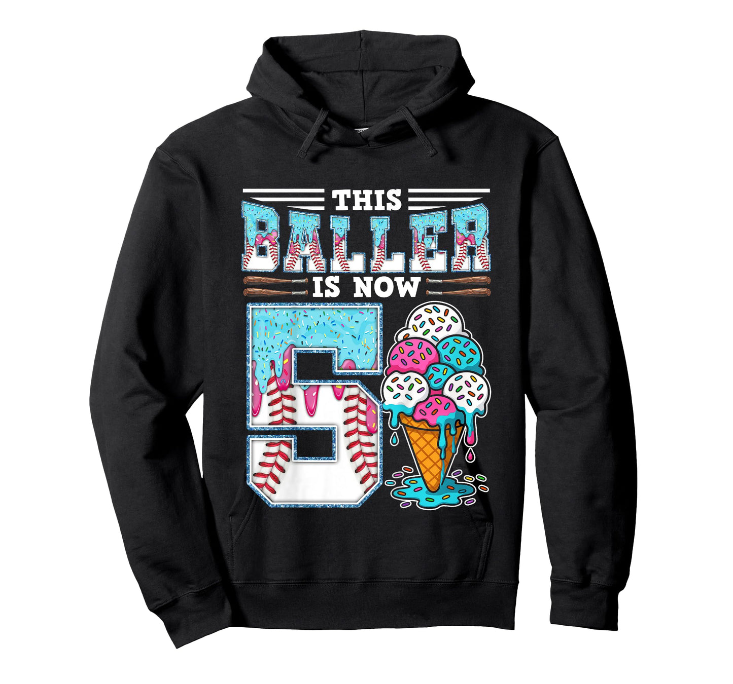 Kids Baller Is Now 5 Year Ice Cream Drip 5th Birthday Baseball T-Shirt