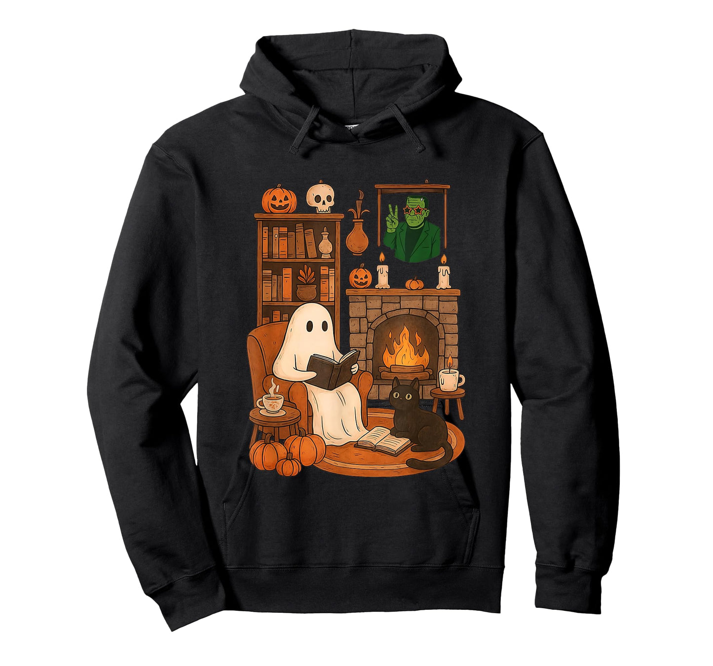 Retro Halloween Cozy Ghost Reading Book by 90s Frankenstein T-Shirt