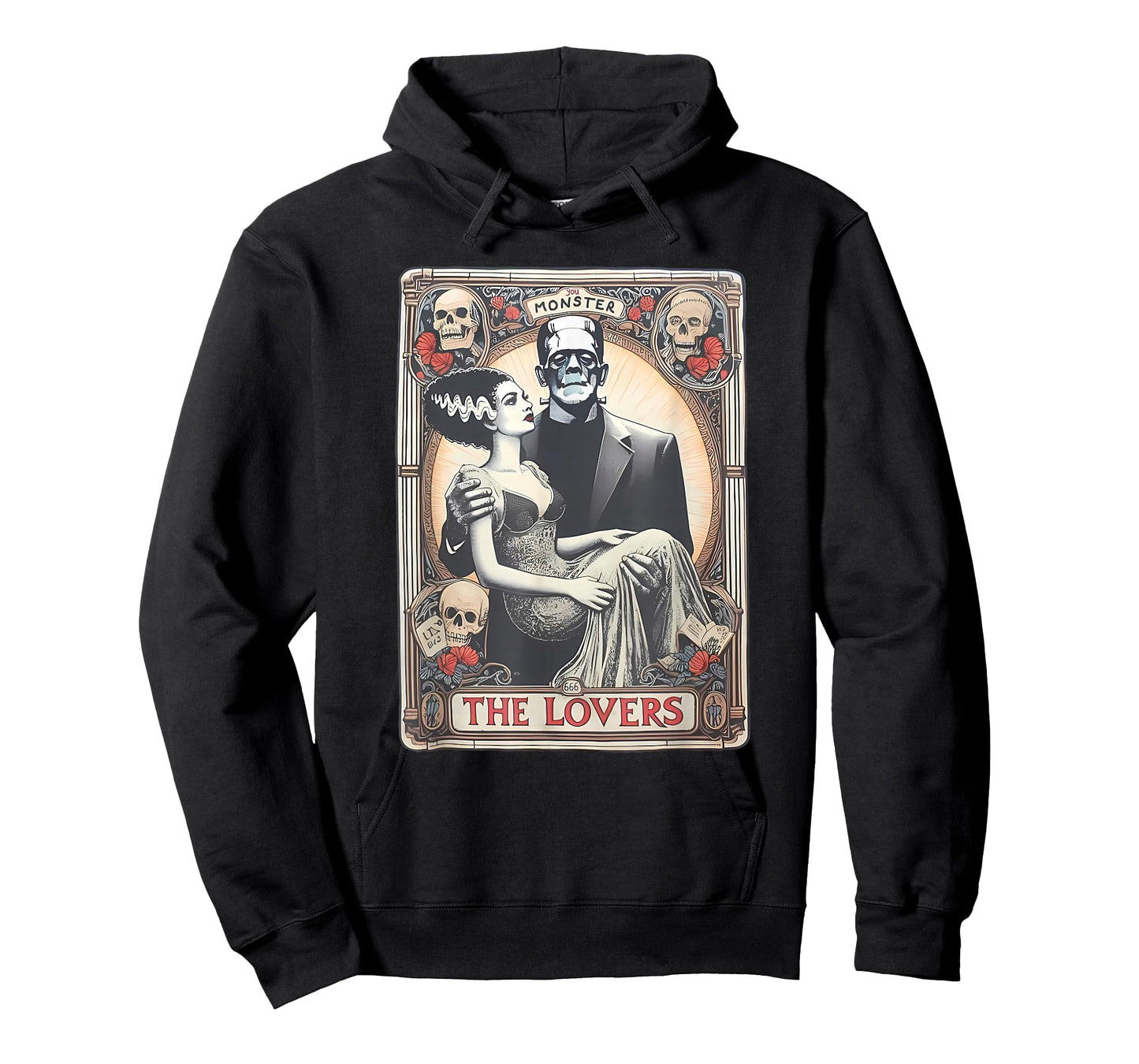 Retro Halloween Frankenstein Tarot Card T-Shirt - Unisex Adults - Black - Small - Short Sleeve - Regular Fit - Cotton 100%, Polyester Blend - Halloween, Retro, Couples, Tarot Card Fans, Unisex