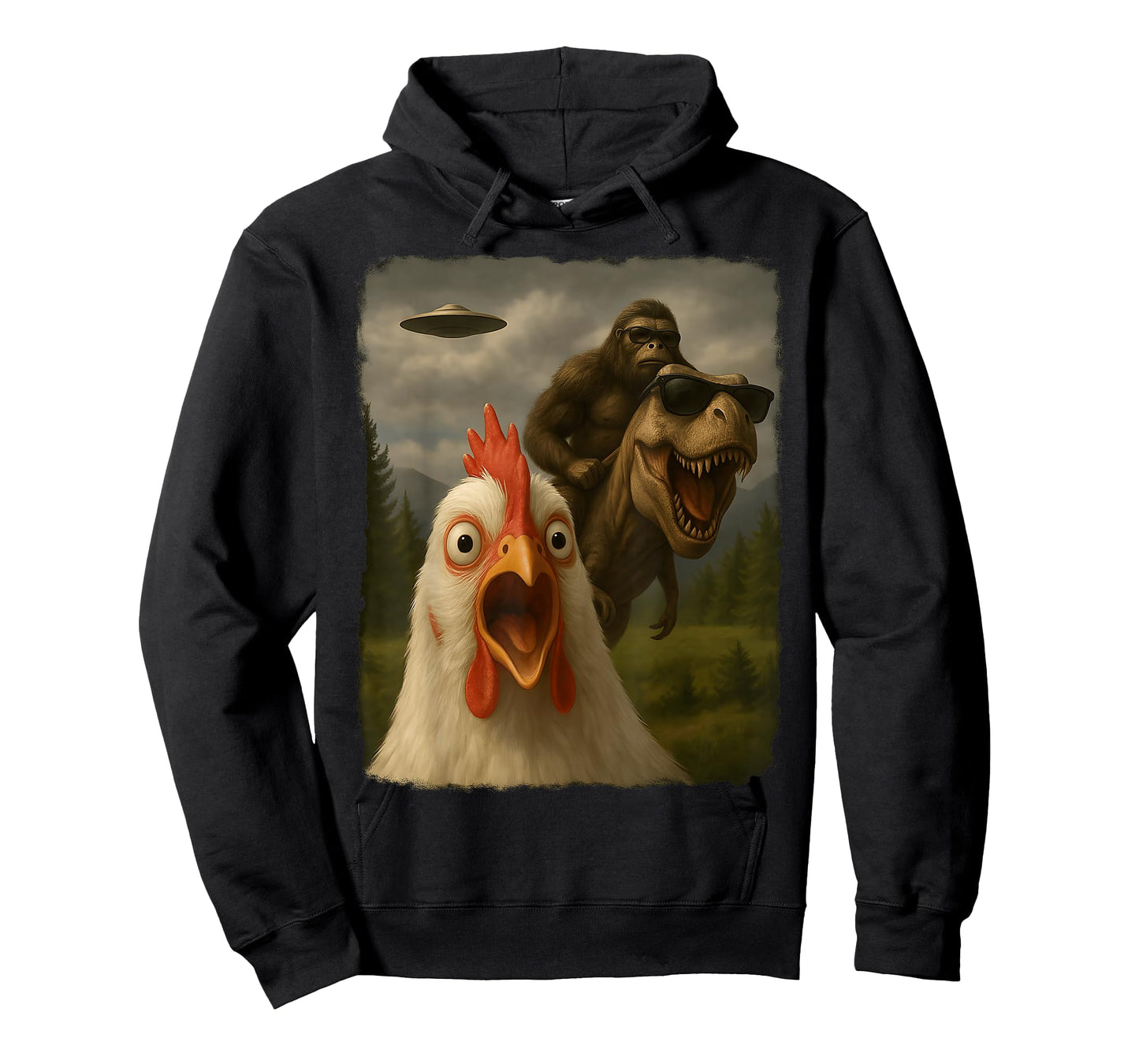 Funny Chicken Selfie Bigfoot Sasquatch Riding T-Rex UFO T-Shirt