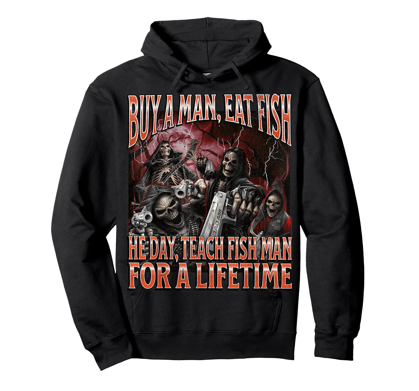 Buy A Man Eat Fish He Day Funny Hard Skeleton Meme Bootleg T-Shirt