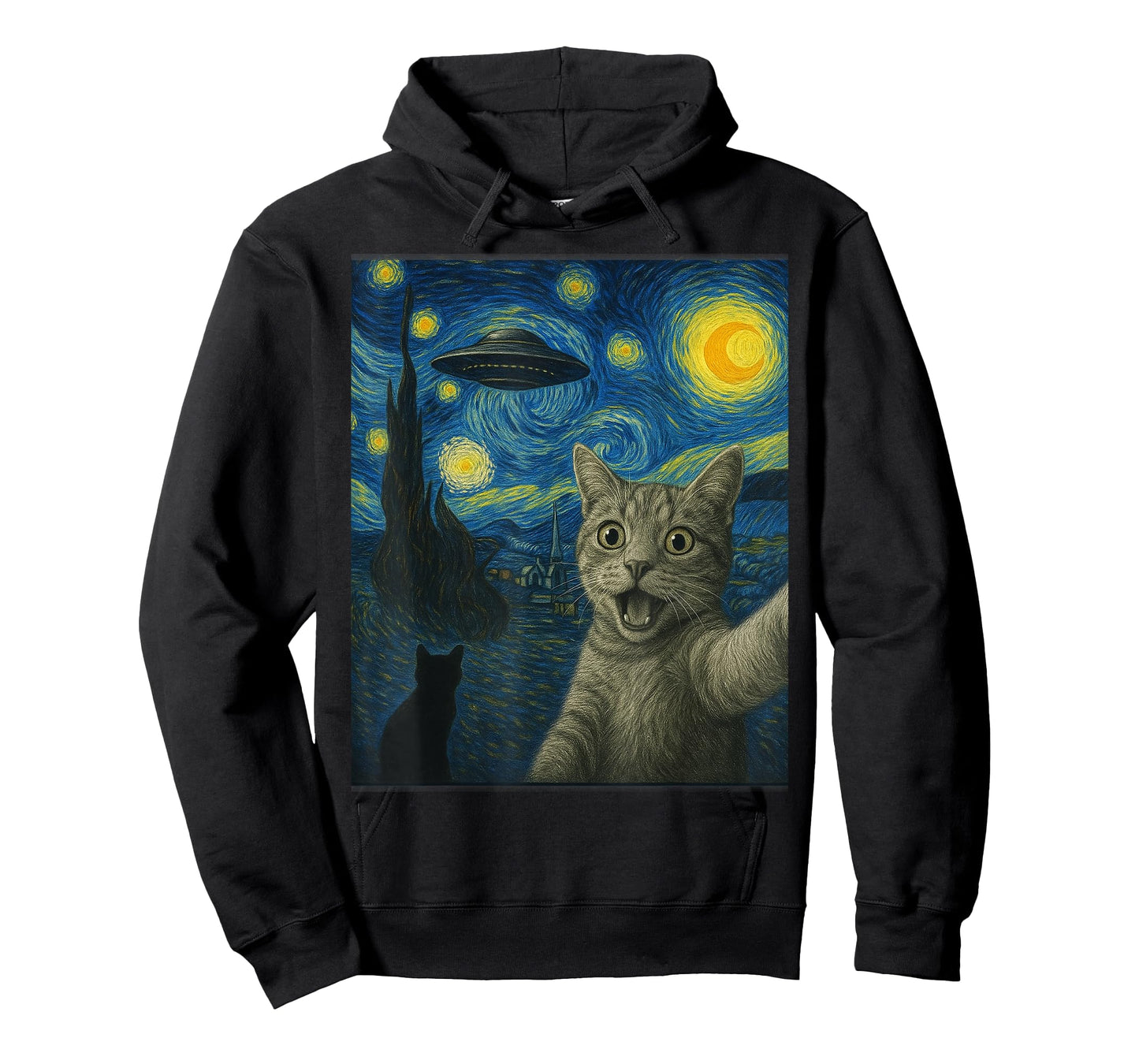 Cat Selfie With Alien UFO Cat Starry Night Van Gogh Cat T-Shirt