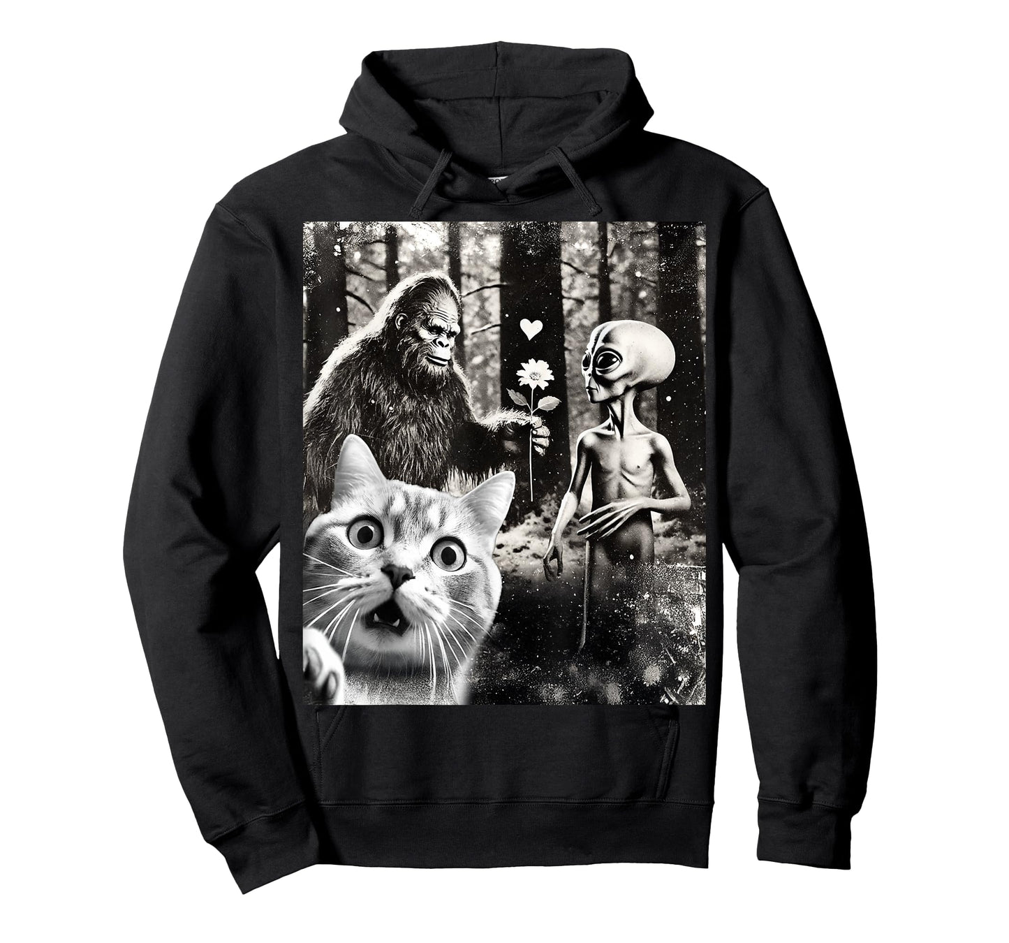 Funny Cat Selfie with Romantic Bigfoot in Love with Alien T-Shirt