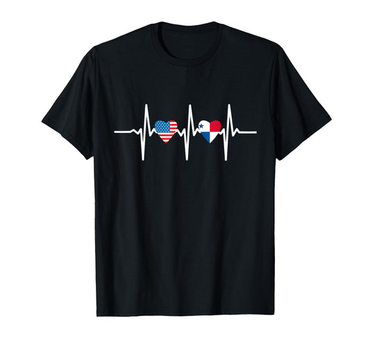 Half American And Panamanian Panama Usa Flag Heartbeat Love T-Shirt