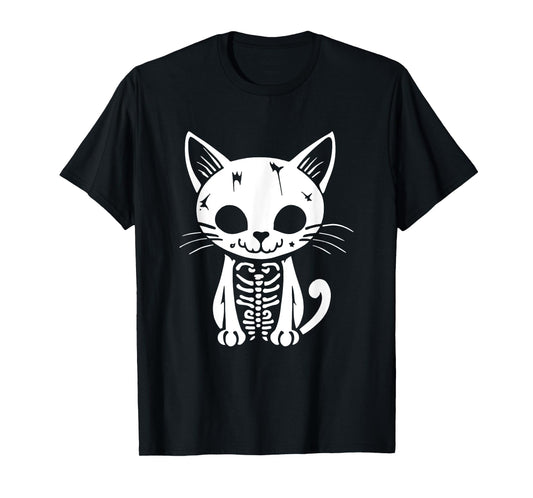 Funny Halloween Skeleton Cat Kitty Costume Skull Cat T-Shirt for Men Women Kids