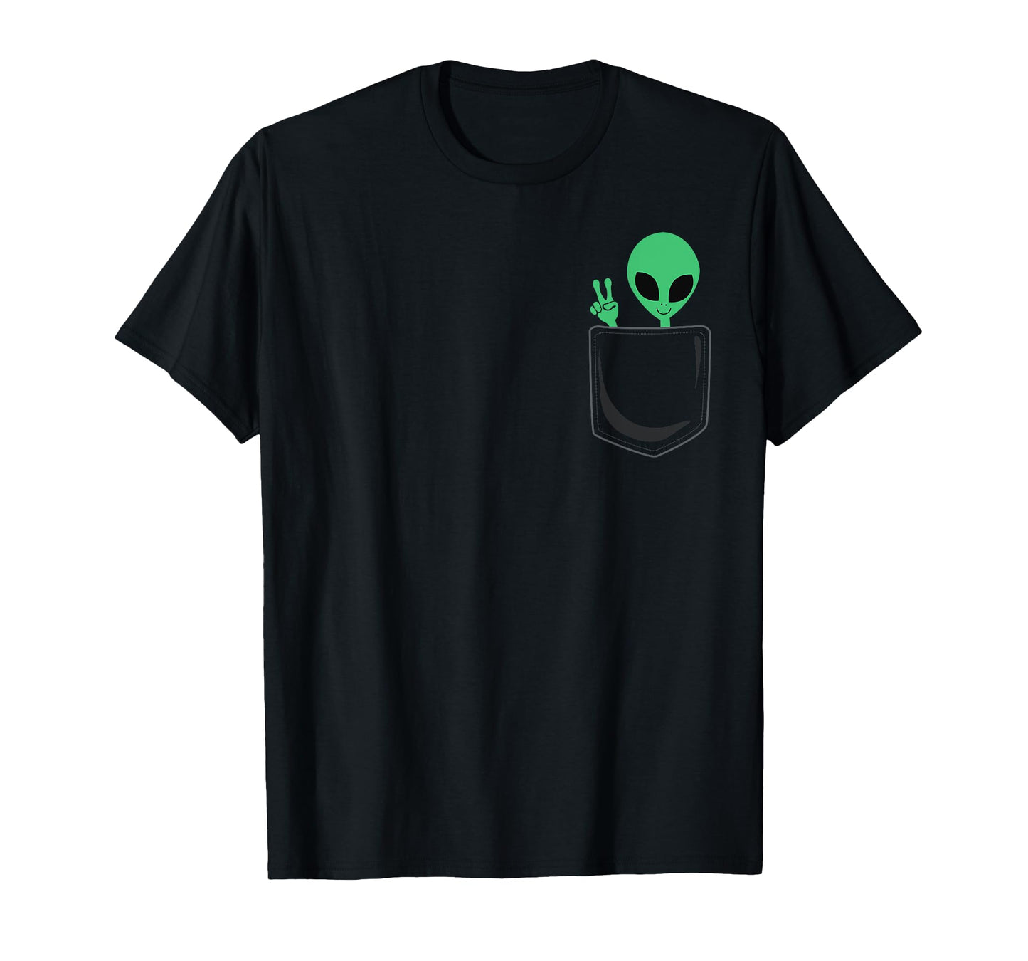 Cute Little Alien In Pocket Peace Sign Universe UFO T-Shirt