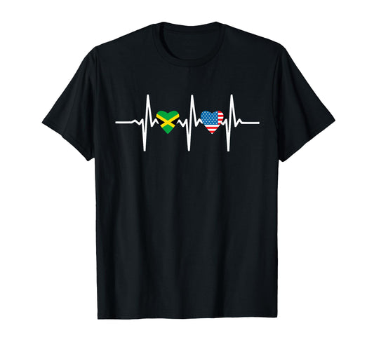 Half American Jamaican Usa America Jamaica Flag Heartbeat T-Shirt