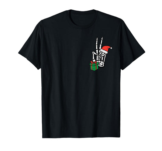 Christmas Skeleton Hand Peace Pocket Xmas Men Women Kids T-Shirt