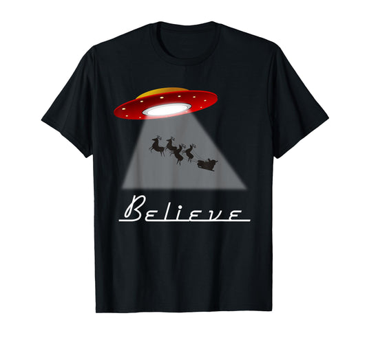 Funny Alien Christmas Shirt Believe UFO Santa Abduction Gift T-Shirt