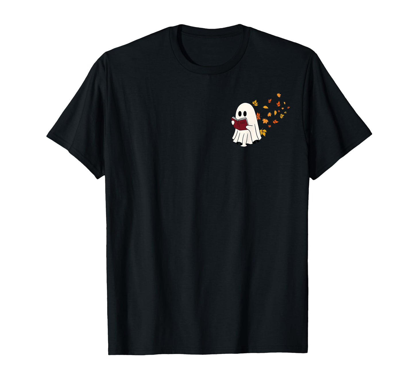 Cute Little Ghost Reading Book Under Fall Leaves Women Men T-Shirt