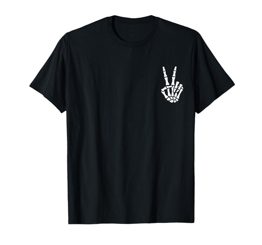 Skeleton Hand Peace Sign Bone Halloween Pocket Skeleton T-Shirt