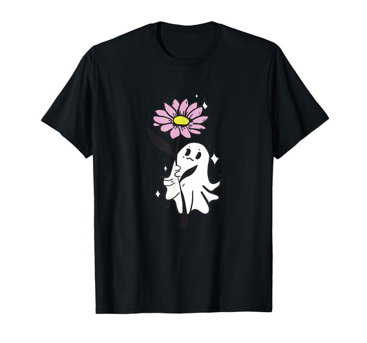 Cute Ghost Holding Flower T-Shirt, Kawaii Ghost Graphic T-Shirt