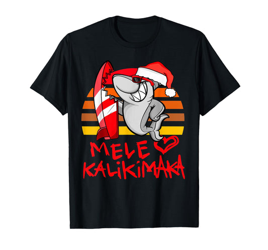 Mele Kalikimaka Christmas Shark Retro Sunset T-Shirt