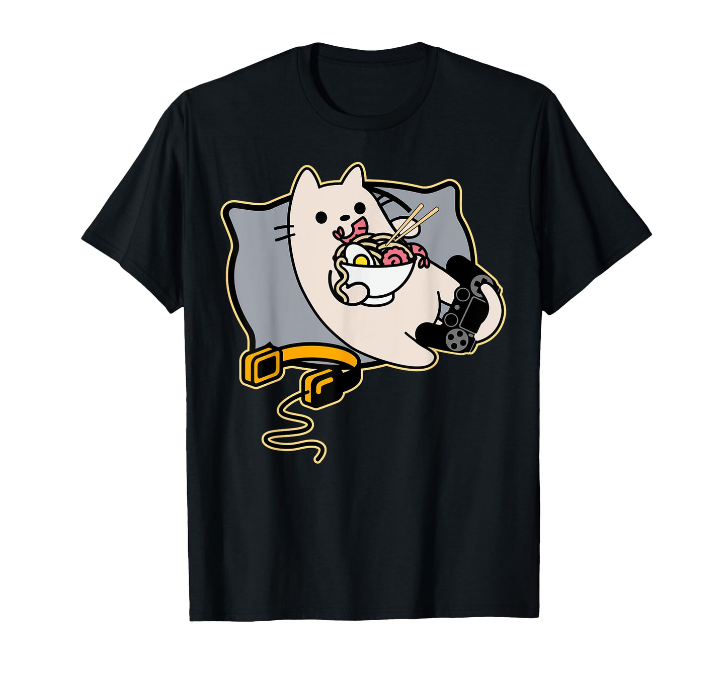 Nerdy Ramen Eating Gamer Cat Game Paused T-Shirt