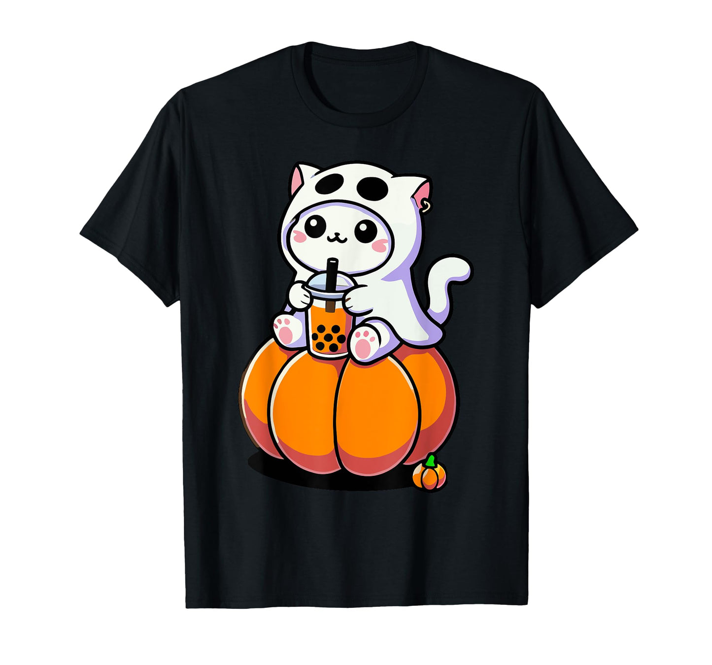 Cute Halloween Cat in Ghost Costume Drinking Boba Tea Tees Men Women Kids T-Shirt